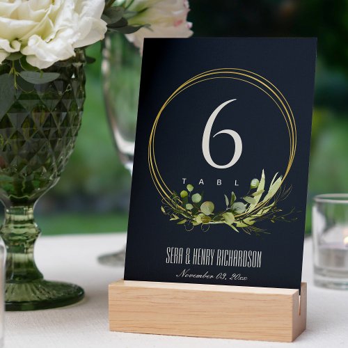 NAVY LEAFY GREEN FOLIAGE WREATH WATERCOLOR WEDDING TABLE NUMBER