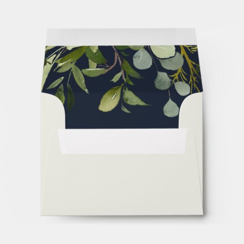 NAVY LEAFY GREEN GOLD FOLIAGE RSVP RETURN ADDRESS ENVELOPE