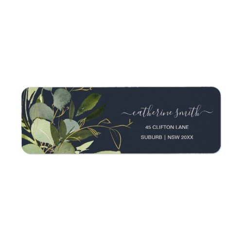 NAVY LEAFY GREEN GOLD FOLIAGE WATERCOLOR ADDRESS LABEL