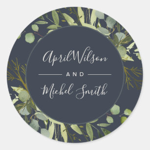 NAVY LEAFY GREEN GOLD FOLIAGE WATERCOLOR WEDDING CLASSIC ROUND STICKER