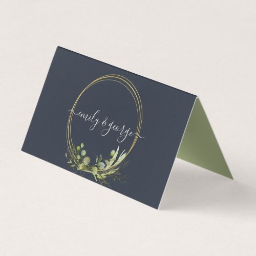 NAVY LEAFY GREEN GOLD FOLIAGE WEDDING PLACE CARD