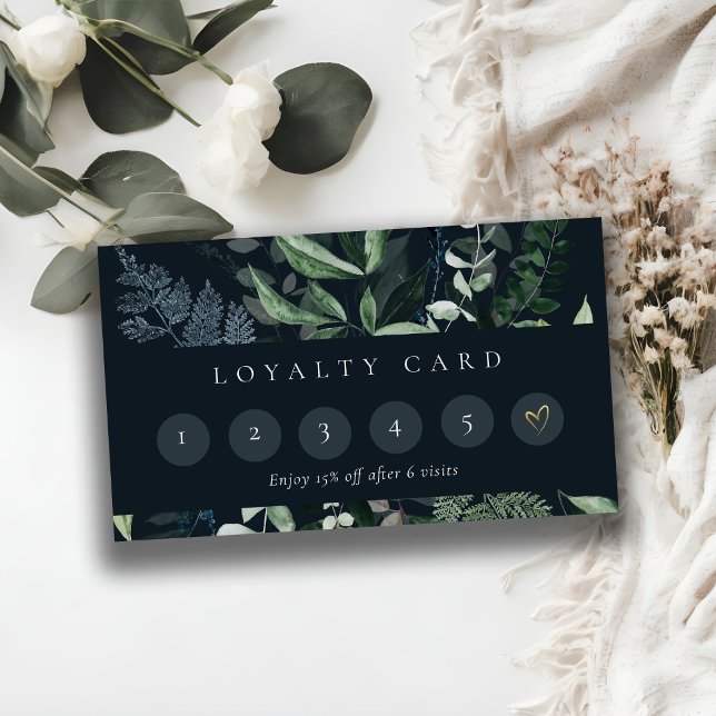 Navy Leafy Tropical Foliage Fern 6 Punch Loyalty Business Card (Creator Uploaded)