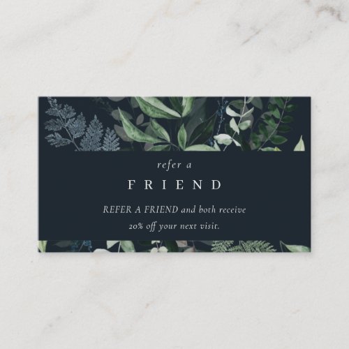 Navy Leafy Tropical Foliage Fern Refer a Friend Business Card