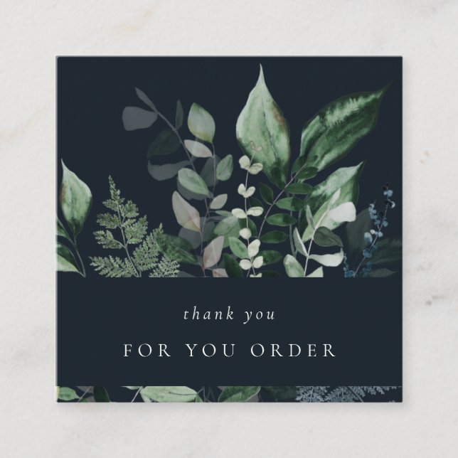 Navy Leafy Tropical Foliage Fern Thank You Order Square Business Card (Front)