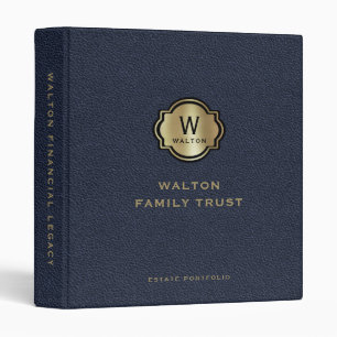 Navy Leather Gold Monogram Family Trust Keepsake 3 Ring Binder