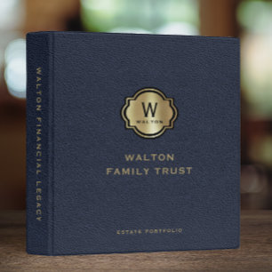 Navy Leather Gold Monogram Family Trust Keepsake 3 Ring Binder