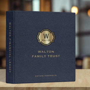 Navy Leather Gold Monogram Family Trust Keepsake 3 Ring Binder