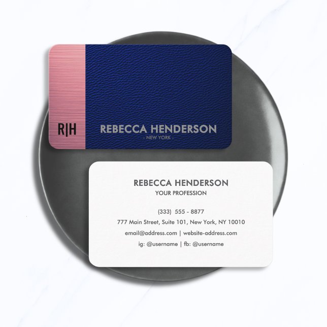 Navy Leather Metallic Pink & White Back Monogram Business Card (Creator Uploaded)