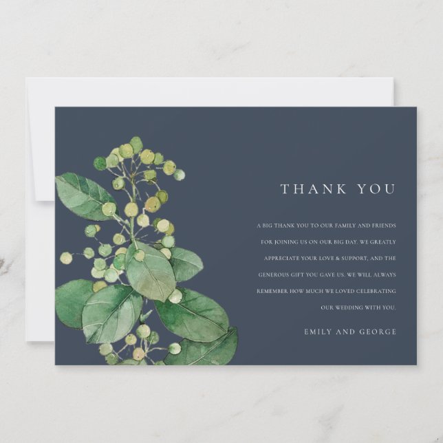 NAVY LEAVES FOLIAGE GREENERY WATERCOLOR WEDDING THANK YOU CARD (Front)