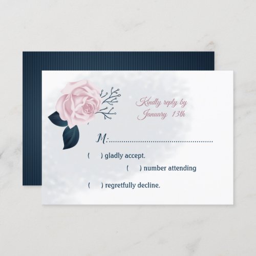 navy leaves  pink flower RSVP card