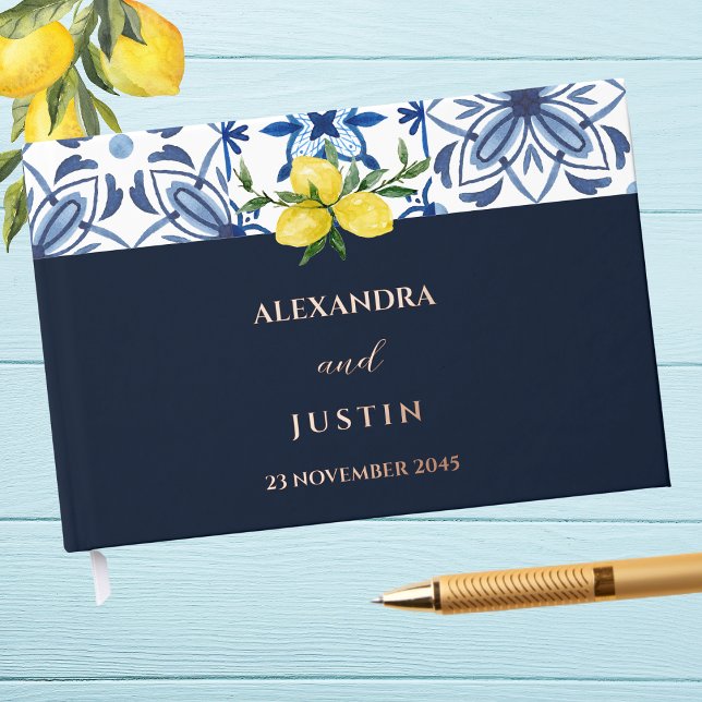 Navy Lemon Italian Mediterranean Wedding Foil Guest Book (Creator Uploaded)