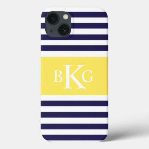 Navy Lemon Yellow Stripes Monogram iPhone 13 Case