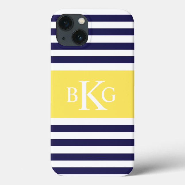 Navy Lemon Yellow Stripes Monogram Case-Mate iPhone Case (Back)