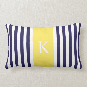 Navy Lemon Yellow Stripes Monogram Lumbar Pillow