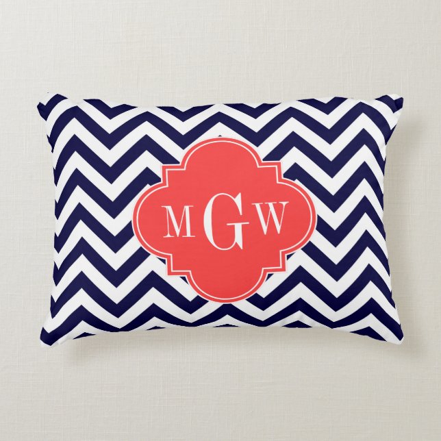 Navy Lg Chevron Coral Red Quatrefoil 3 Monogram Accent Pillow (Front)