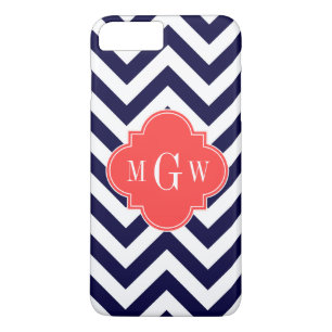 Navy Lg Chevron Coral Red Quatrefoil 3 Monogram iPhone 8 Plus/7 Plus Case