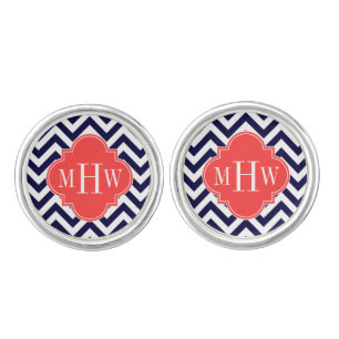 Navy Lg Chevron Coral Red Quatrefoil 3 Monogram Cufflinks