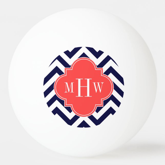 Navy Lg Chevron Coral Red Quatrefoil 3 Monogram Ping-Pong Ball (Front)