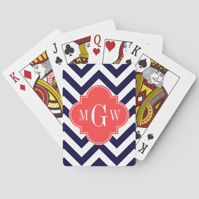 Navy Lg Chevron Coral Red Quatrefoil 3 Monogram Poker Cards (Back)