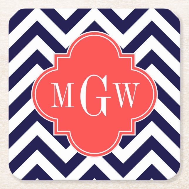 Navy Lg Chevron Coral Red Quatrefoil 3 Monogram Square Paper Coaster (Front)