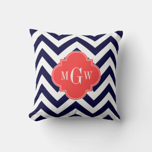 Navy Lg Chevron Coral Red Quatrefoil 3 Monogram Throw Pillow