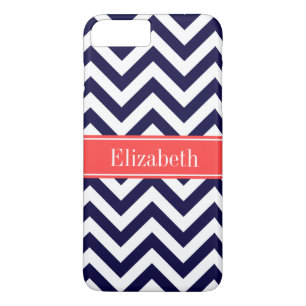 Navy Lg Chevron Coral Red Quatrefoil Name Monogram iPhone 8 Plus/7 Plus Case