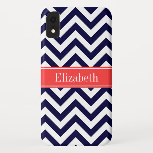 Navy Lg Chevron Coral Red Quatrefoil Name Monogram iPhone XR Case