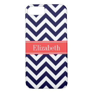 Navy Lg Chevron Coral Red Quatrefoil Name Monogram iPhone 8/7 Case