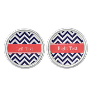 Navy Lg Chevron Coral Red Quatrefoil Name Monogram Cufflinks