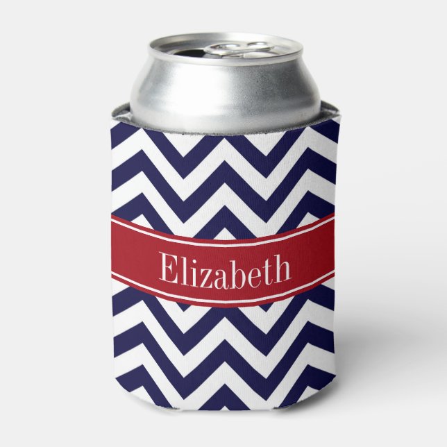 Navy Lg Chevron Cranberry Quatrefoil Name Monogram Can Cooler (Can Front)