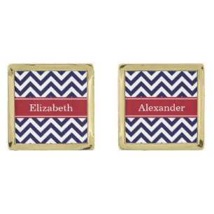 Navy Lg Chevron Cranberry Quatrefoil Name Monogram Cufflinks