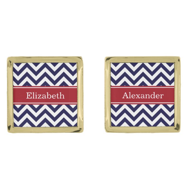 Navy Lg Chevron Cranberry Quatrefoil Name Monogram Cufflinks (Front)
