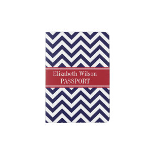 Navy Lg Chevron Cranberry Quatrefoil Name Monogram Passport Holder
