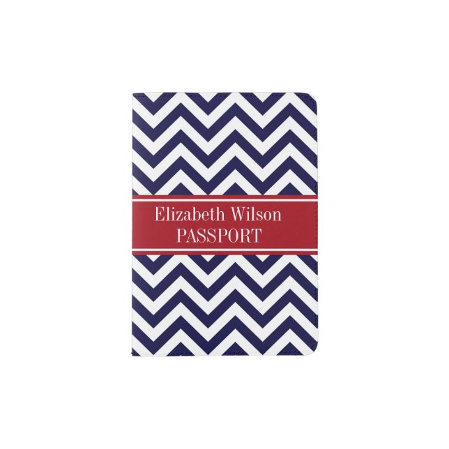 Navy Lg Chevron Cranberry Quatrefoil Name Monogram Passport Holder (Front)