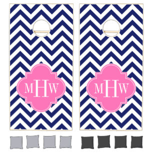 Navy Lg Chevron Hot Pink #2 Quatrefoil 3 Monogram Cornhole Set