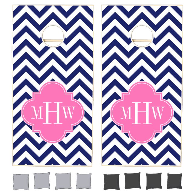 Navy Lg Chevron Hot Pink #2 Quatrefoil 3 Monogram Cornhole Set (Set)