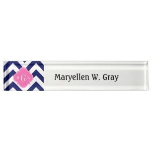 Navy Lg Chevron Hot Pink #2 Quatrefoil 3 Monogram Desk Name Plate
