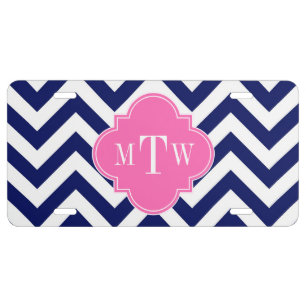 Navy Lg Chevron Hot Pink #2 Quatrefoil 3 Monogram License Plate