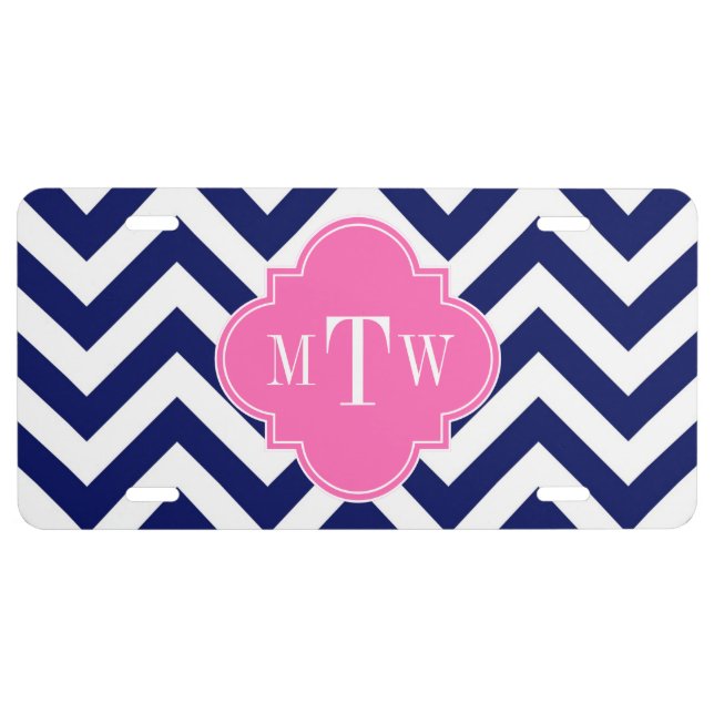 Navy Lg Chevron Hot Pink #2 Quatrefoil 3 Monogram License Plate (Front)