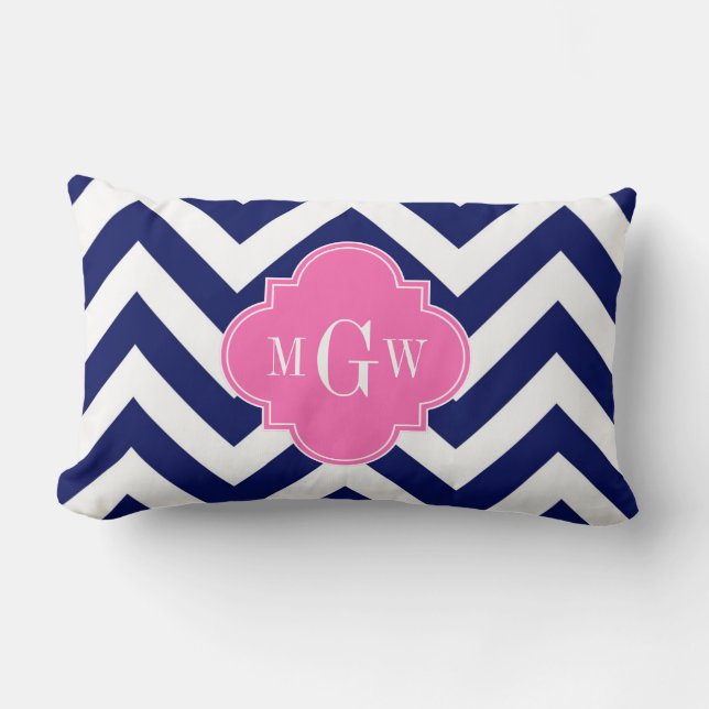 Navy Lg Chevron Hot Pink #2 Quatrefoil 3 Monogram Lumbar Pillow (Front)