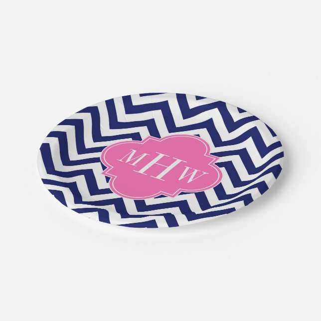 Navy Lg Chevron Hot Pink #2 Quatrefoil 3 Monogram Paper Plates (Angled)