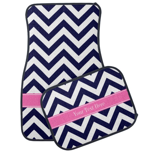 Navy Lg Chevron HotPink2 Quatrefoil Name Monogram Car Floor Mat (Set)