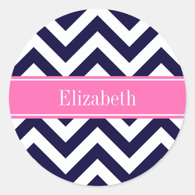 Navy Lg Chevron HotPink2 Quatrefoil Name Monogram Classic Round Sticker (Front)