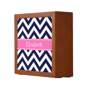 Navy Lg Chevron HotPink2 Quatrefoil Name Monogram Desk Organizer