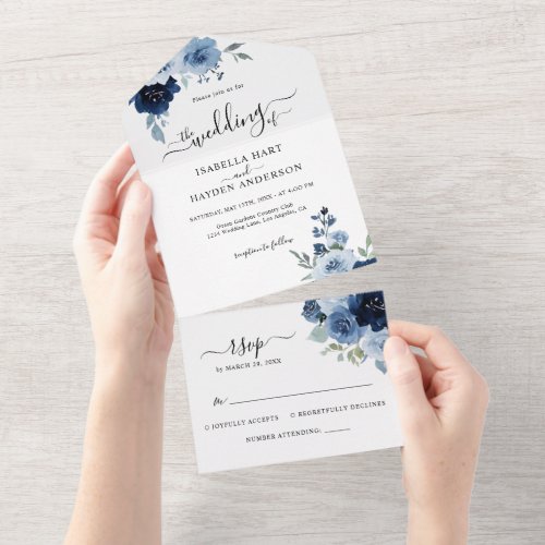 Navy Light Blue Dusty Blue Floral Wedding RSVP All In One Invitation