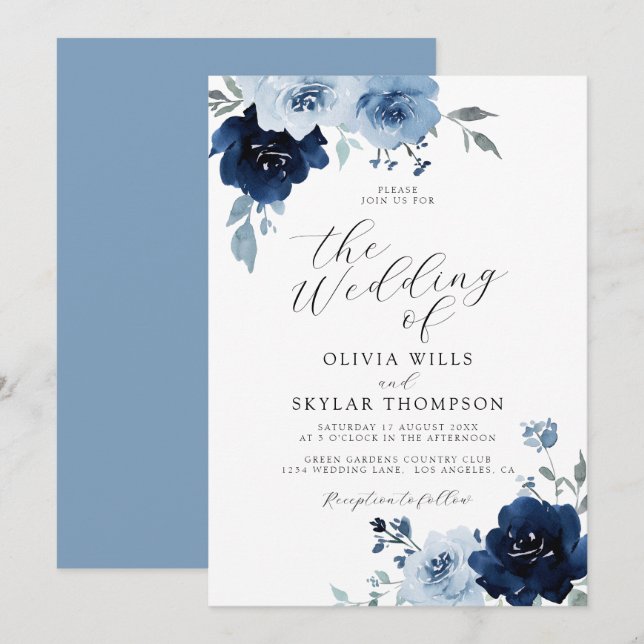 Navy Light Blue Dusty Elegant Floral Wedding Invit Invitation (Front/Back)