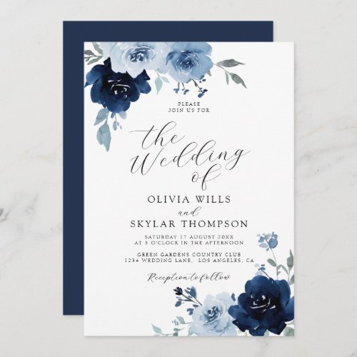 Navy Light Blue Elegant Modern Floral Wedding Invi Invitation
