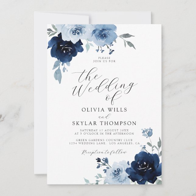 Navy Light Blue Elegant Script Floral Wedding Invi Invitation (Front)