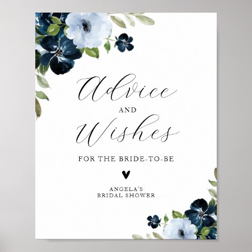 navy light blue floral bridal shower advice wishes poster