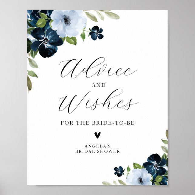 navy light blue floral bridal shower advice wishes poster (Front)